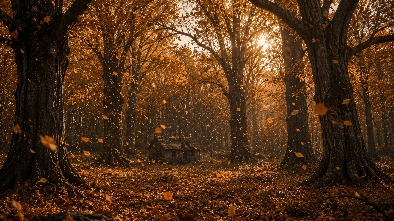 Hidden cabin in a golden forest